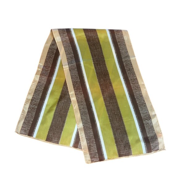 Vintage Japanese Acetate Brown Chartreuse Striped Geometric Rectangular Scarf - Picture 2 of 7